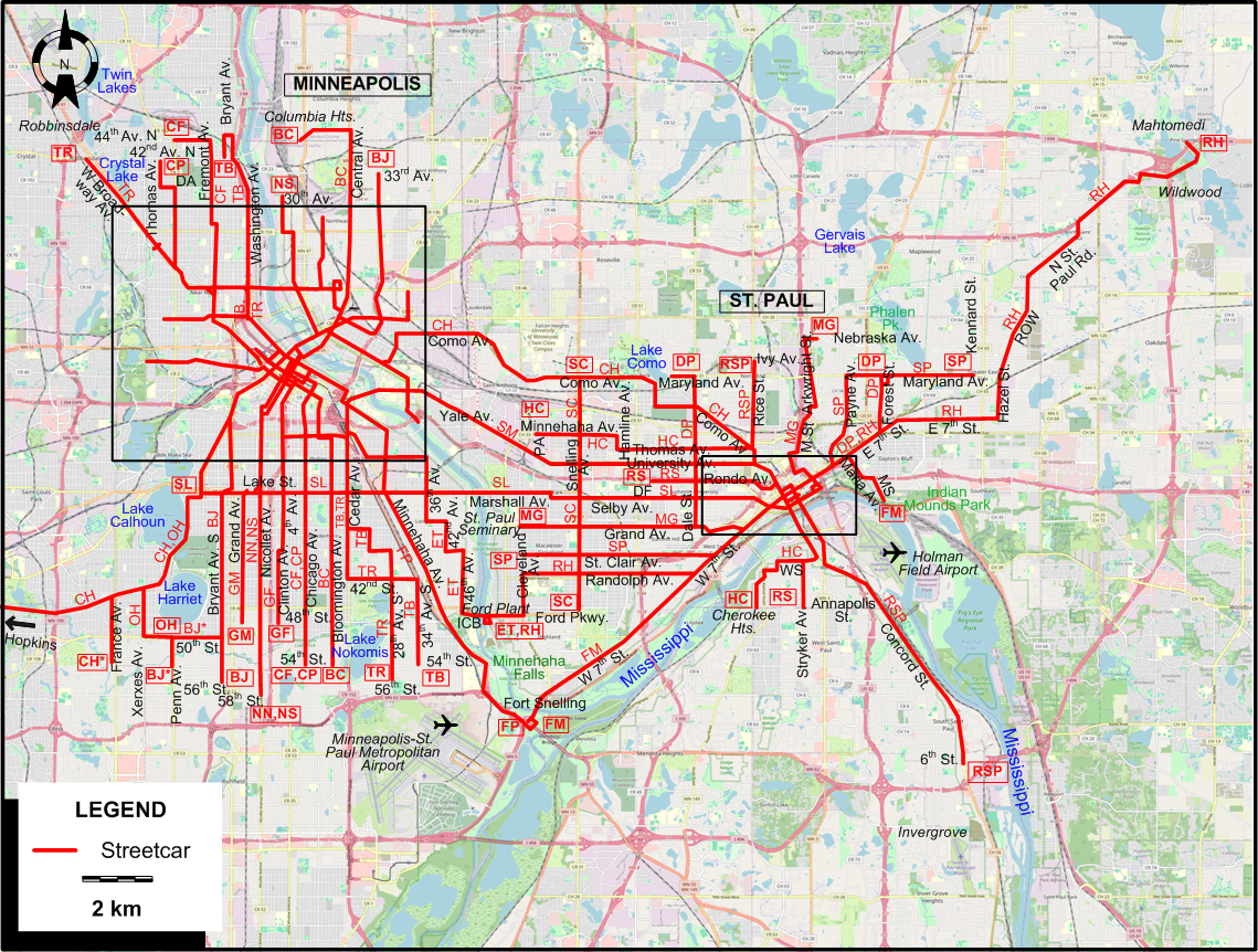 Minneapolis –  St.Paul tram map –  1947