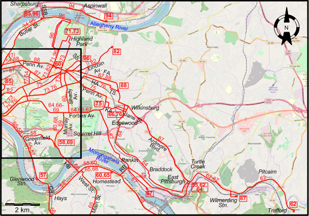 Pittsburgh East streetcar map – 1954