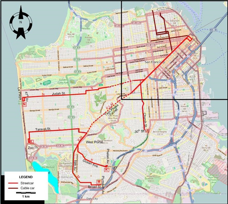 San Francisco tram map - 1958