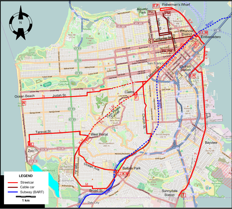 San Francisco tram subway cable car map