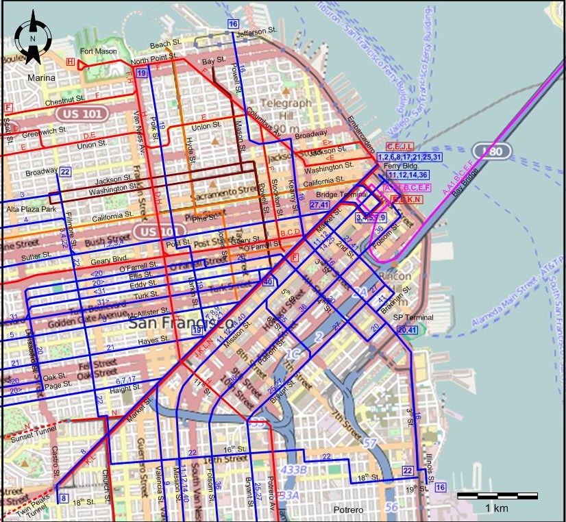 San Francisco 1944 downtown tram map