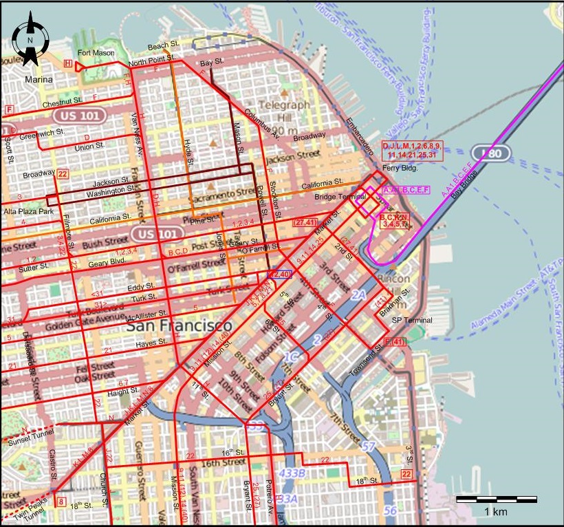 San Francisco 1948 downtown tram map