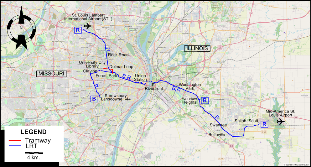 St. Louis streetcar & LRT map 2022