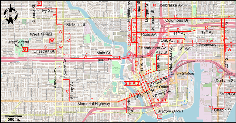 Tampa 1943 centre streetcar map